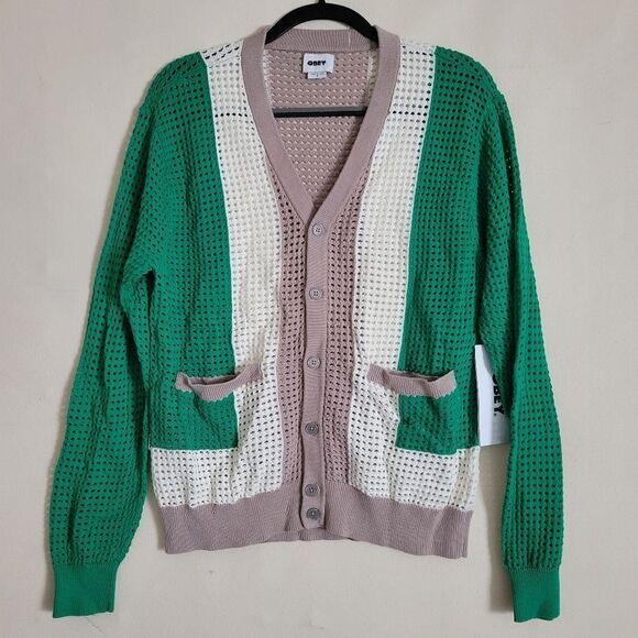 $110 NEW OBEY REVOLVE 60s GREEN TAN WHITE CARDIGAN SWEATER s small NWT - Picture 4 of 9